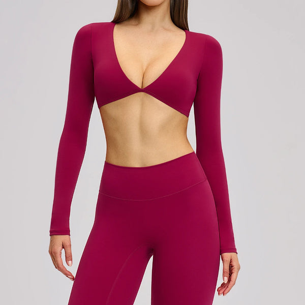 SPARK Casual Yoga Long Sleeve V-Neck Fashion Cropped Sport Top ZC4201