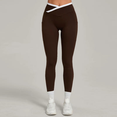 SPARK Color Block Cross Waist Yoga Leggings with Pockets TF28402