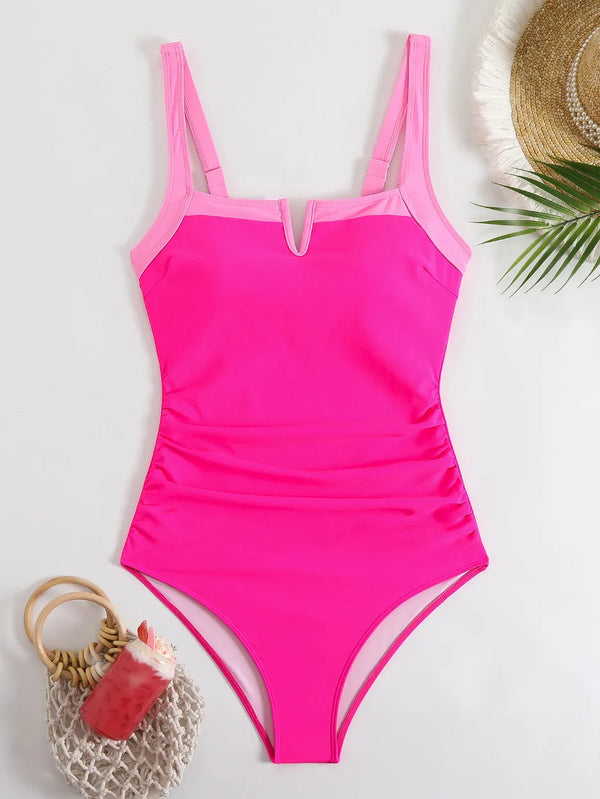 SPARK Color Block One Piece Swimsuit Skirt Modest Swimwear-Pink