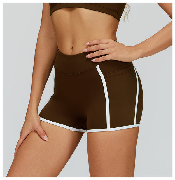 SPARK Contrast Color Naked Feeling Yoga Shorts in brown side pocket 