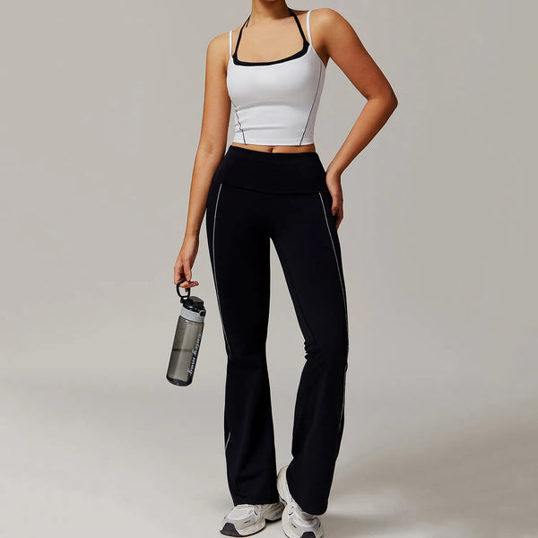 SPARK Folded Waist Sports Flared Leggings and White Tank Top