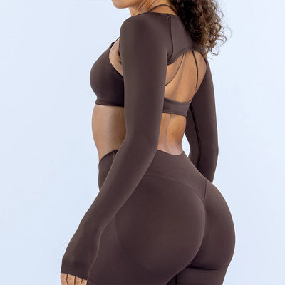 SPARK_Seamless_Women_s_Workout_Crop_Top_Arm_Sleeve_Shawl_Thumb_Hole_in brown side