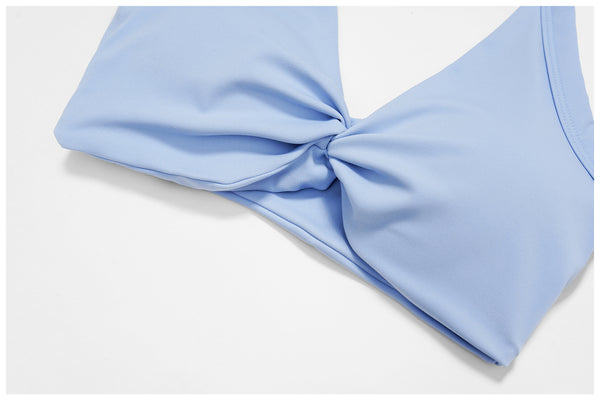 SPARK Women's Twist Halter Neck Yoga Bra in blue detail-1