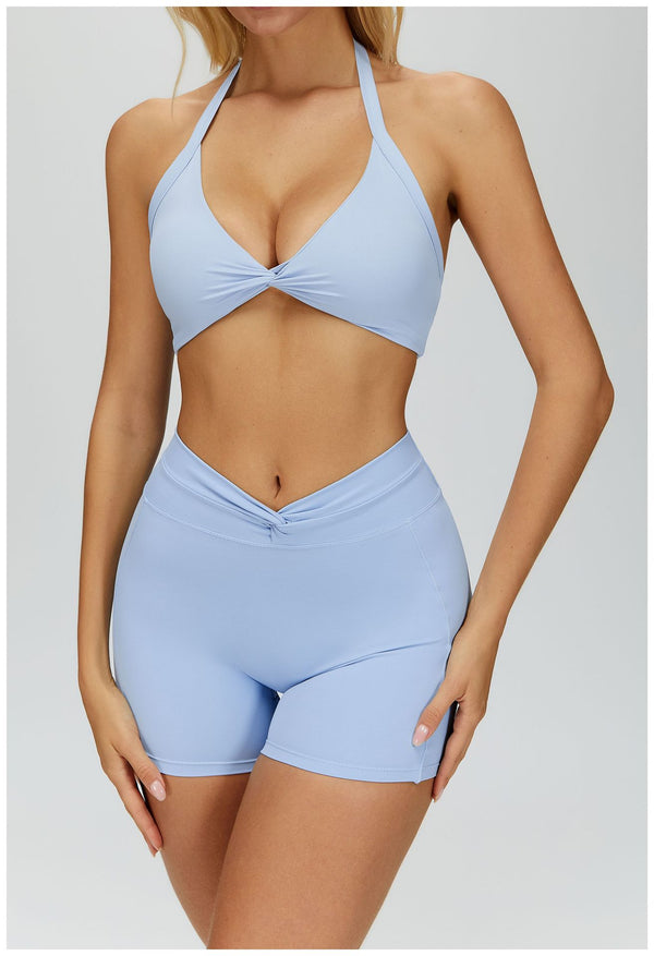 SPARK Women's Twist Halter Neck Yoga Bra in blue set