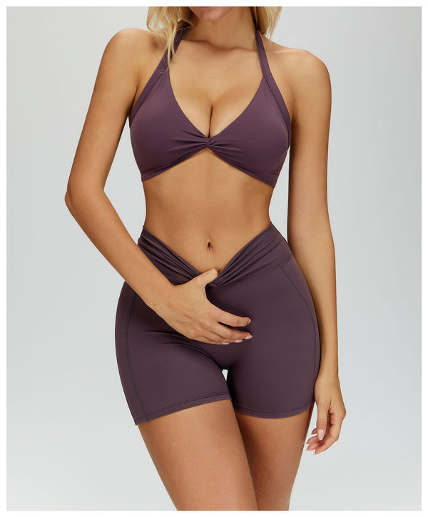 SPARK Women's Twist Halter Neck Yoga Bra in purple set