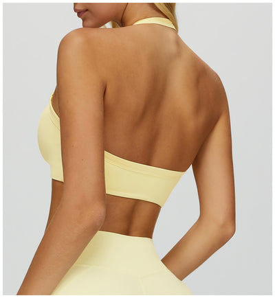 SPARK Women's Twist Halter Neck Yoga Bra in yellow back
