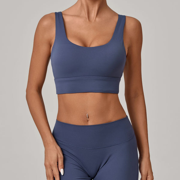 SPARK Women's Wide Hem Tight-fitting Yoga Bra in granite blue
