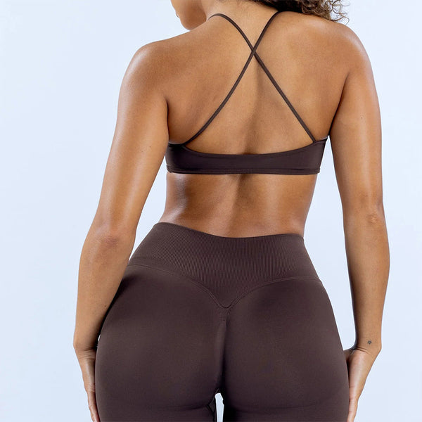 Seamless Cross Back Strap Yoga Bra in brown side