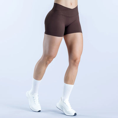 Seamless Cross Waist Hip Lift Yoga Shorts in fluorescent in brown
