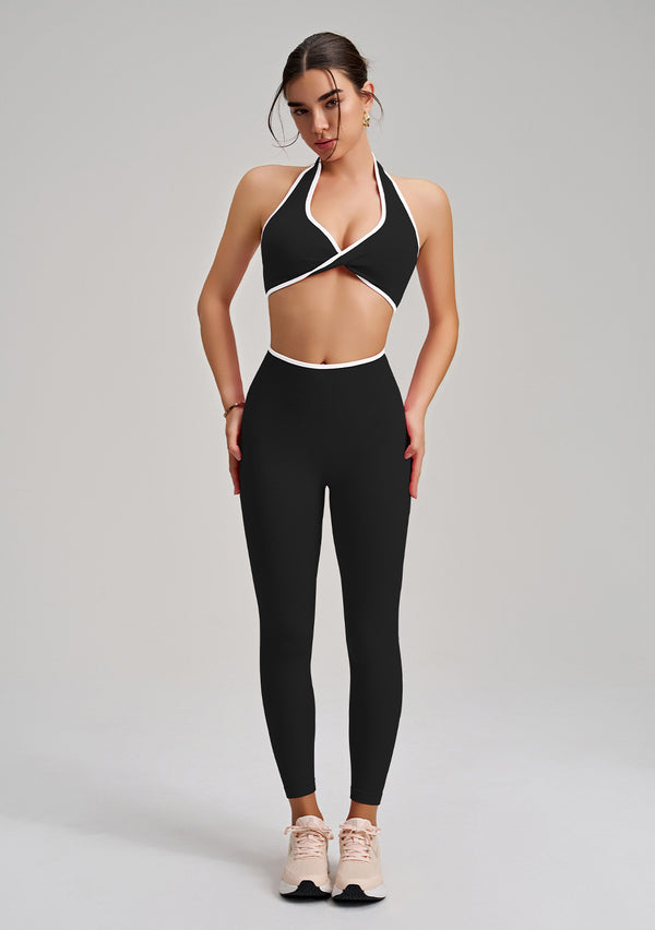 Seamless Twist Knot Halter Neck Bra&Leggings Yoga Two-piece Set in black