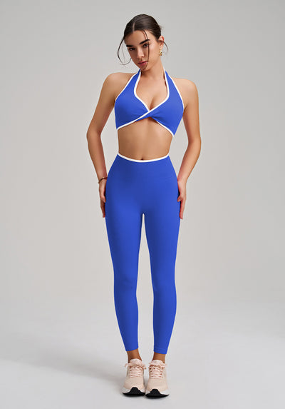 Seamless Twist Knot Halter Neck Bra&Leggings Yoga Two-piece Set in blue