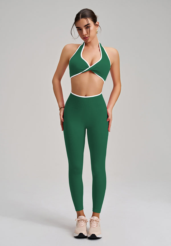 Seamless Twist Knot Halter Neck Bra&Leggings Yoga Two-piece Set in darkgreen