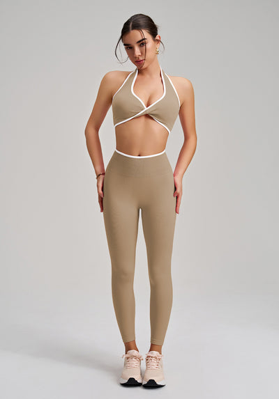 Seamless Twist Knot Halter Neck Bra&Leggings Yoga Two-piece Set in khaki
