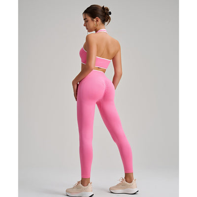Seamless Twist Knot Halter Neck Bra&Leggings Yoga Two-piece Set in pink back
