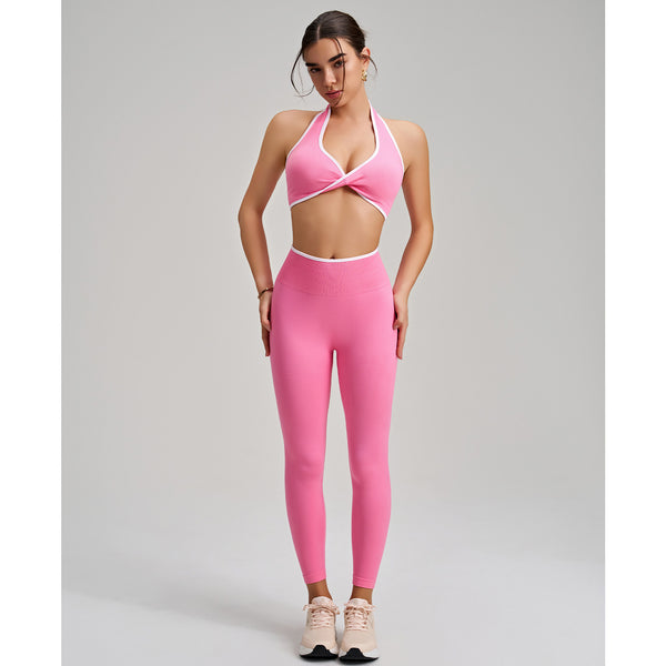 Seamless Twist Knot Halter Neck Bra&Leggings Yoga Two-piece Set in pink set