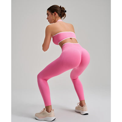 Twist Knot Halter Neck Sports Bra in pink butt lifting back leggings