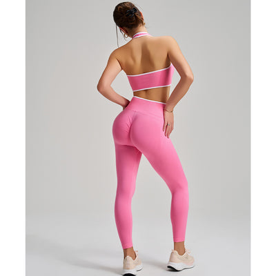 Twist Knot Halter Neck Sports Bra in pink set back leggings