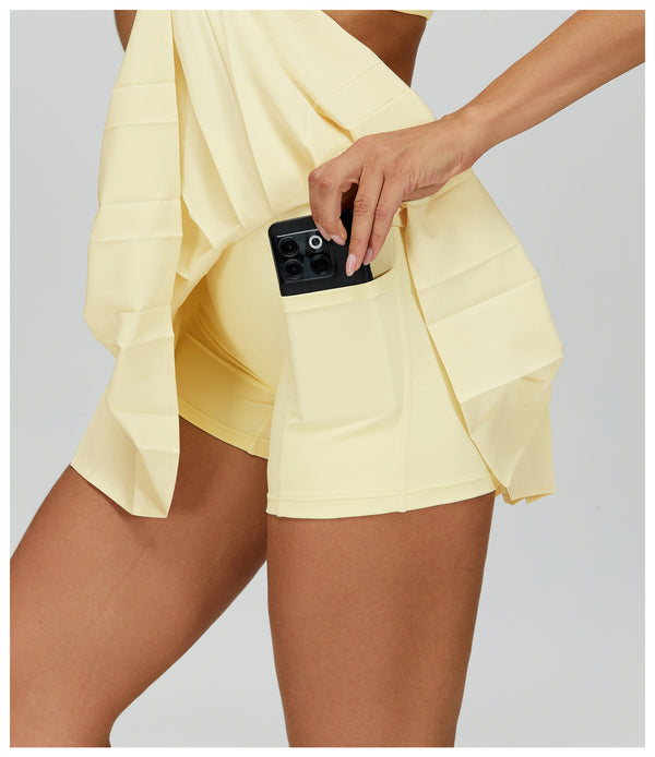 Ultimate Naked Feeling Fake Two-Piece Pleated Tennis Skirt  in yellow inside