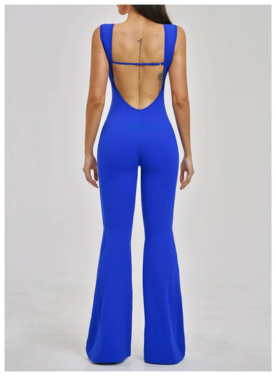 Woman doing yoga in backless bodysuit with flare pants-2