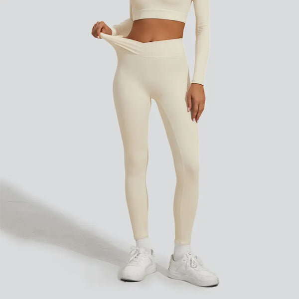 Women Cross Over High Waist Tummy Control Workout Leggings-Cream