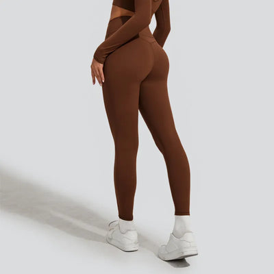 Women Cross Over High Waist Tummy Control Workout Leggings-brown
