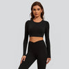 Women's Long Sleeve Crop Top with Open Back and Removable Bra Pads-Black