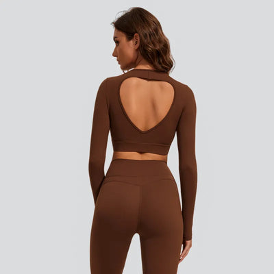 Women's Long Sleeve Crop Top with Open Back and Removable Bra Pads-Brown