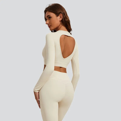 Women's Long Sleeve Crop Top with Open Back and Removable Bra Pads-Cream