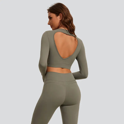 Women's Long Sleeve Crop Top with Open Back and Removable Bra Pads-Sage