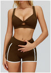 Women's Twist Hollow Open Back Yoga Fitness Bra in brown set