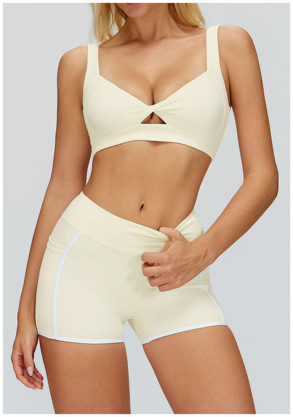 Women's Twist Hollow Open Back Yoga Fitness Bra in light yellow a set