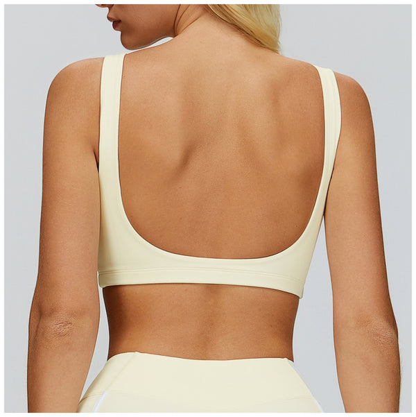 Women's Twist Hollow Open Back Yoga Fitness Bra in light yellow back