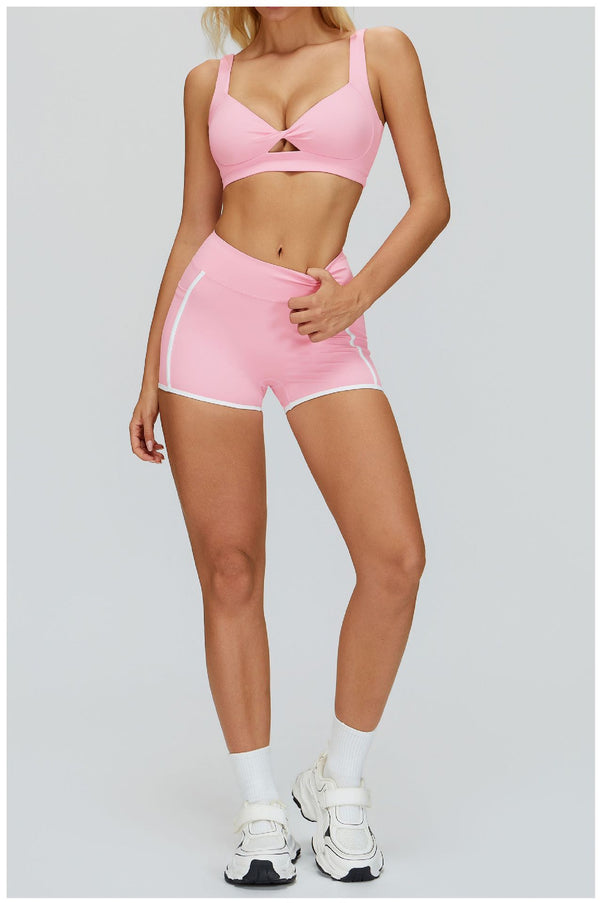 Women's Twist Hollow Open Back Yoga Fitness Bra in pink a set