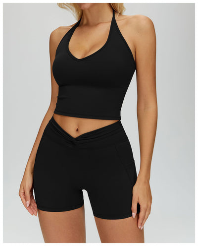 Women's V Neck Halter Tank Top in black set
