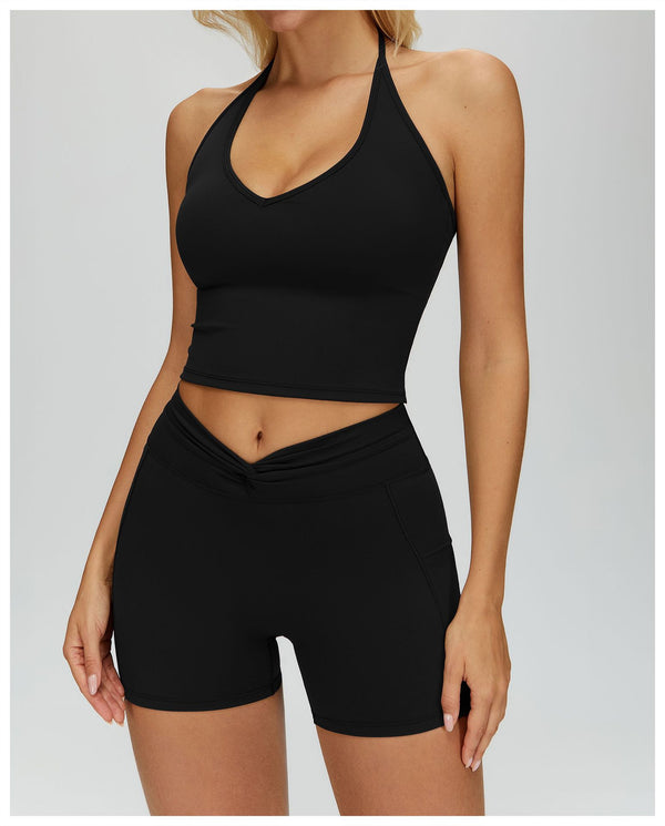 Women's V Neck Halter Tank Top in black set