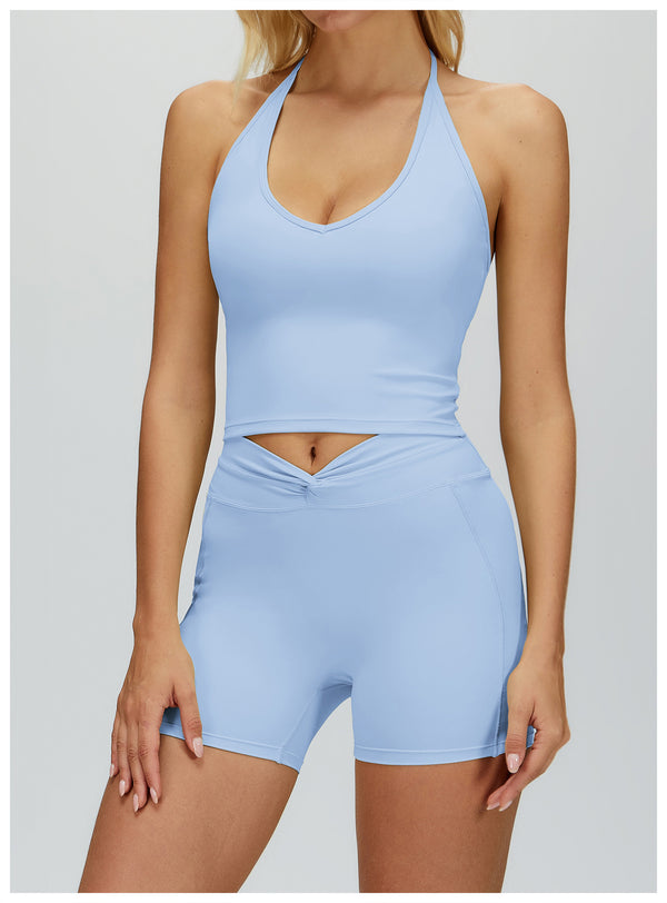 Women's V Neck Halter Tank Top in blue set