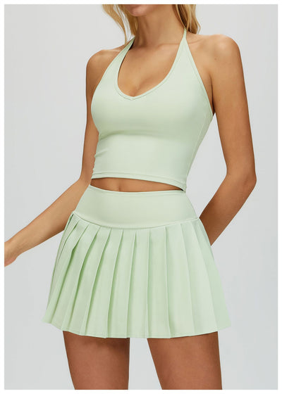 Women's V Neck Halter Tank Top in green set skirt