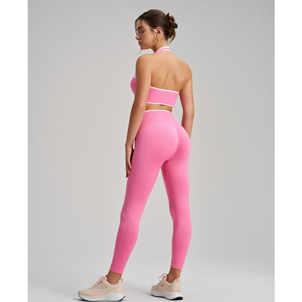 Women wearing Yoga Leggings and Sports Bra Set. in pink back